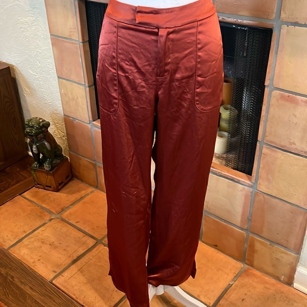 David Lerner Rust Satin Side Slit Wide Leg Pant, S!